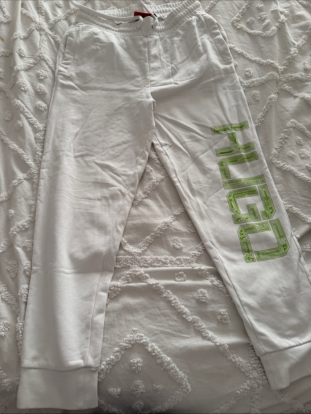 Hugo Boss White Joggers with Neon Green Logo Print